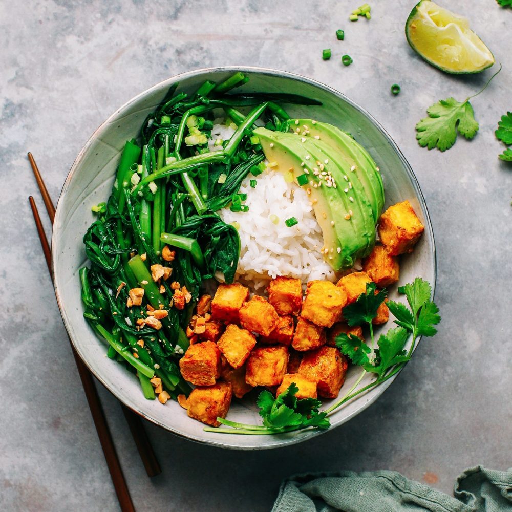 Garlic Morning Glory with Crispy Tofu Bowls | by fullofplants.com
