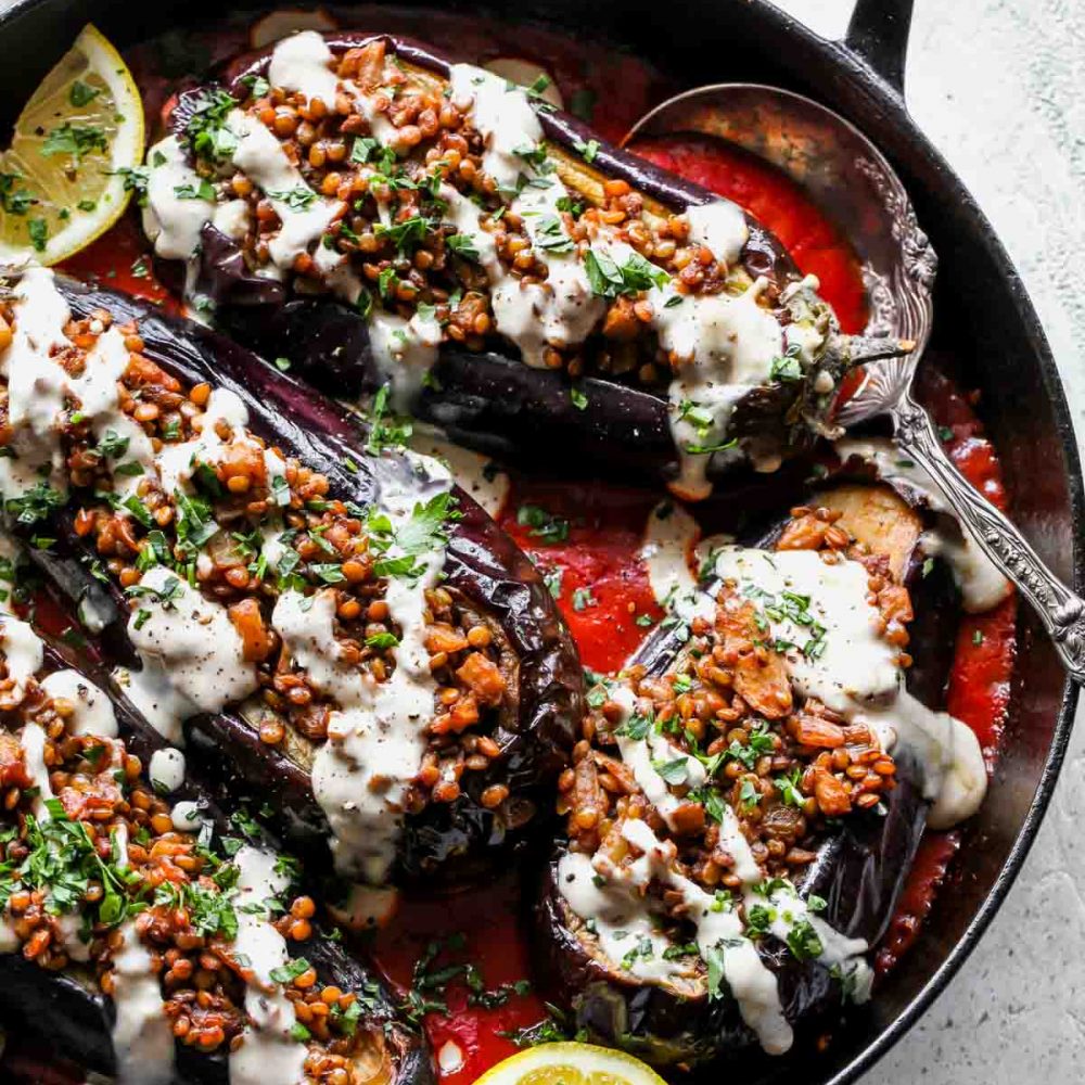 Lentil Stuffed Eggplant with Cardamom Sauce | dishingouthealth. com