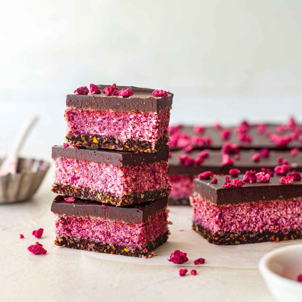 Unbaked Vegan Raspberry Slice | Recipe by Rainbow Nourishments. com