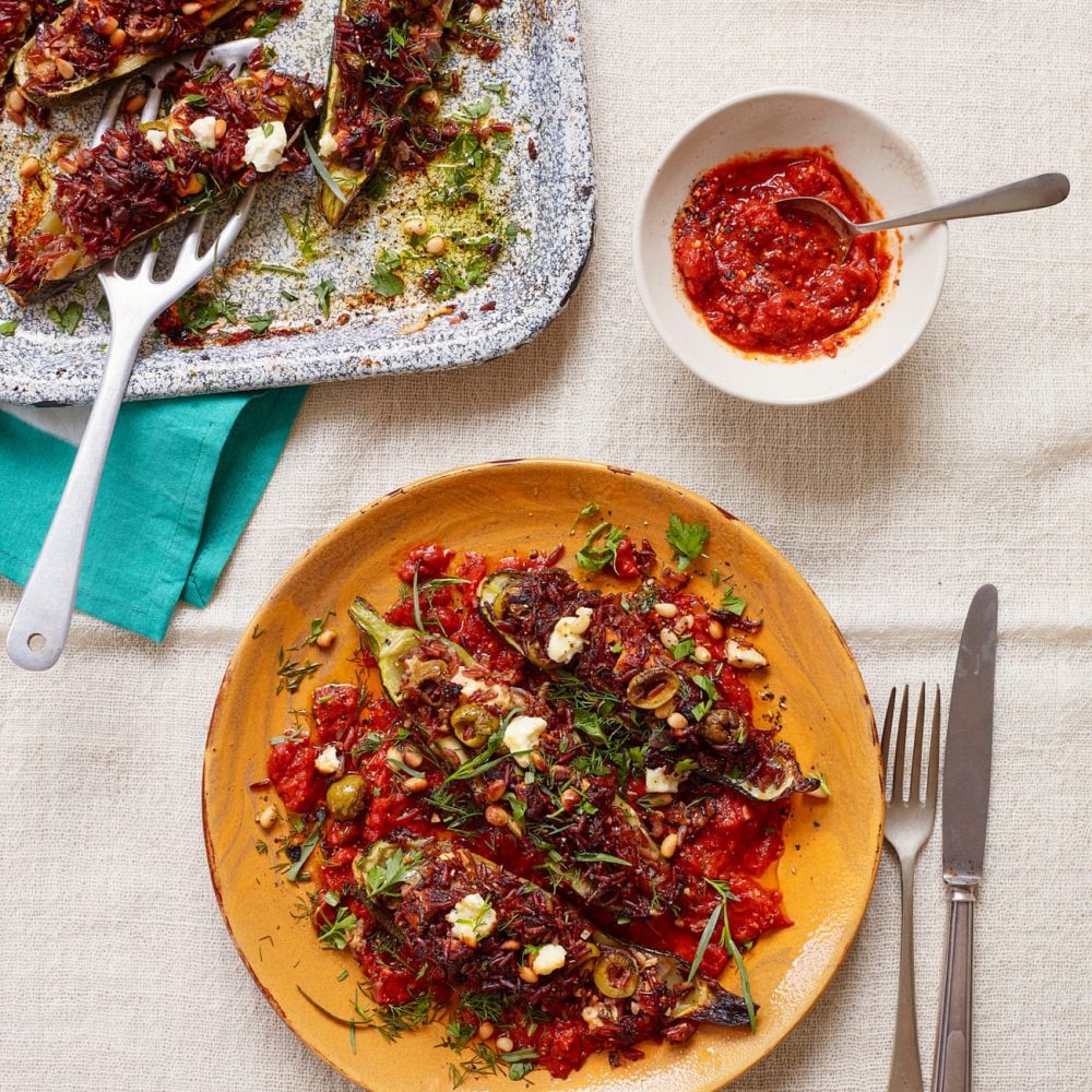 Courgettes stuffed with red rice, olives and feta (Thomasina Miers’ recipe) | www.theguardian. com